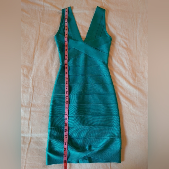NWOT Bright Teal HERVE LEGER V- Neck Mini Bandage Dress XS $790 - Picture 8 of 14
